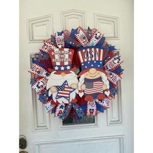 Patriotic Gnomes USA America the Beautiful Deco Mesh Ribbon Wreath